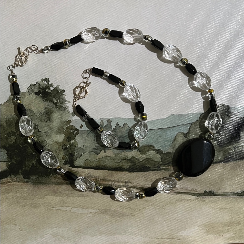 Black Glass and Clear Beaded Necklace & bracelet set